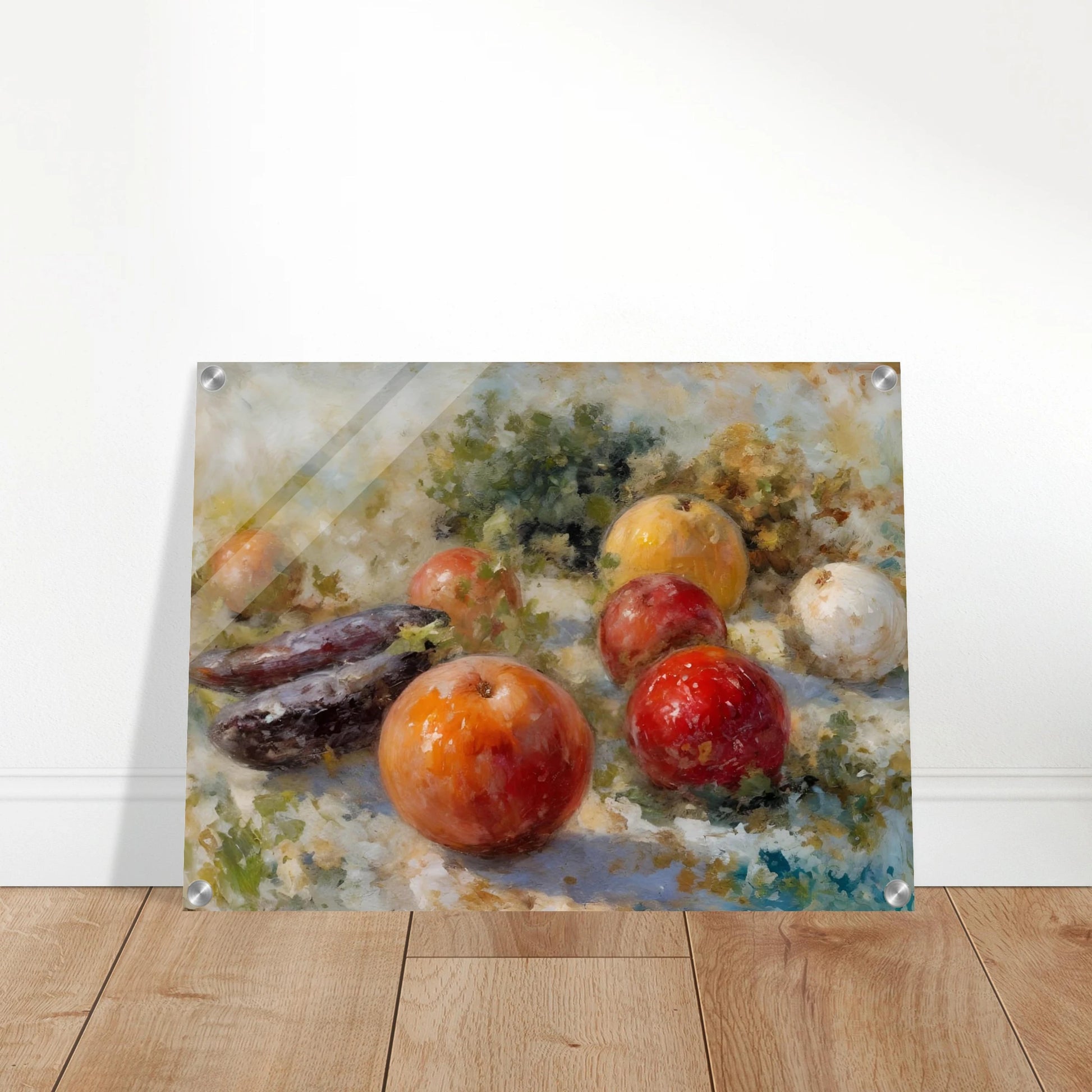 A realistic still life of assorted fruits, including apples, oranges, and eggplants, arranged with leafy greens in soft natural light.