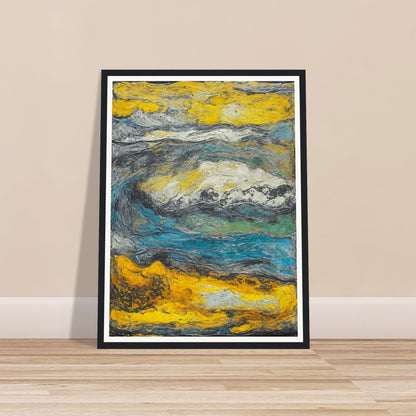 An expressive abstract painting capturing the essence of a stormy landscape with swirling colors and textures, predominantly in shades of yellow, blue, and gray. The dynamic movement and thick application of paint evoke a sense of turbulence and natural power.