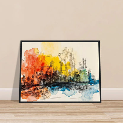 Ink city skyline with orange, yellow, and blue watercolor washes across a bright urban scene.