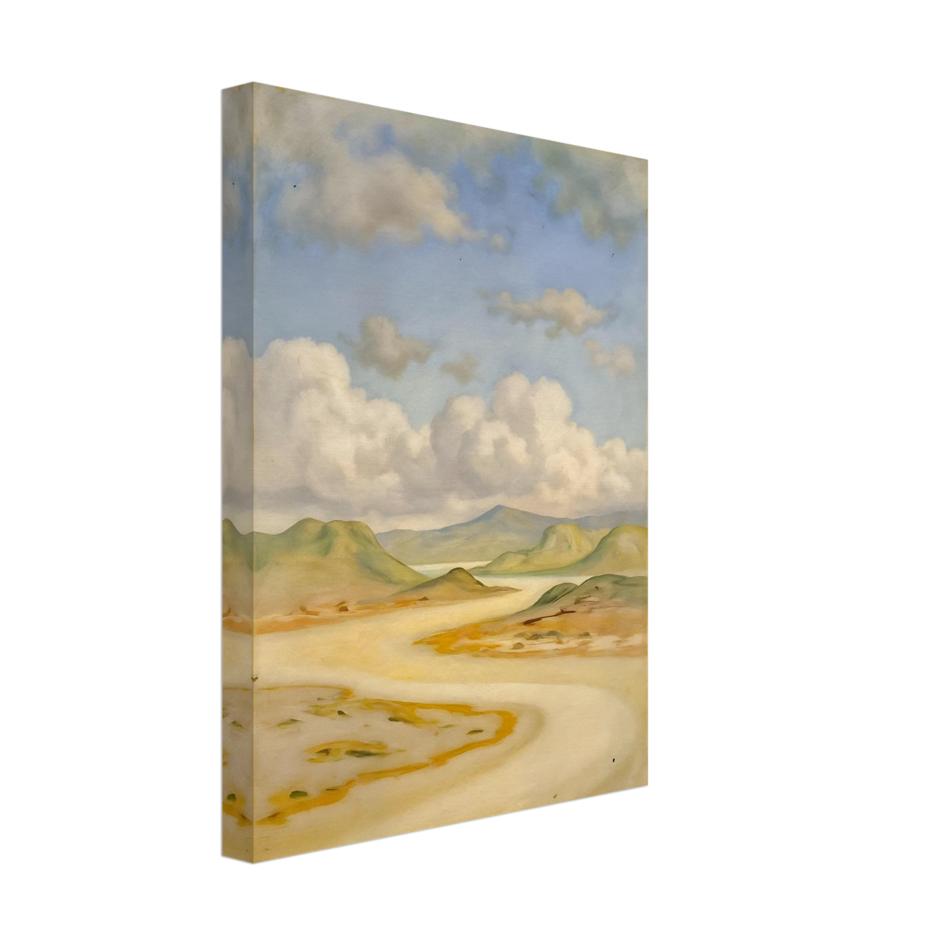 Soft clouds drift above pale hills, sandy curves, and quiet water under a blue sky.