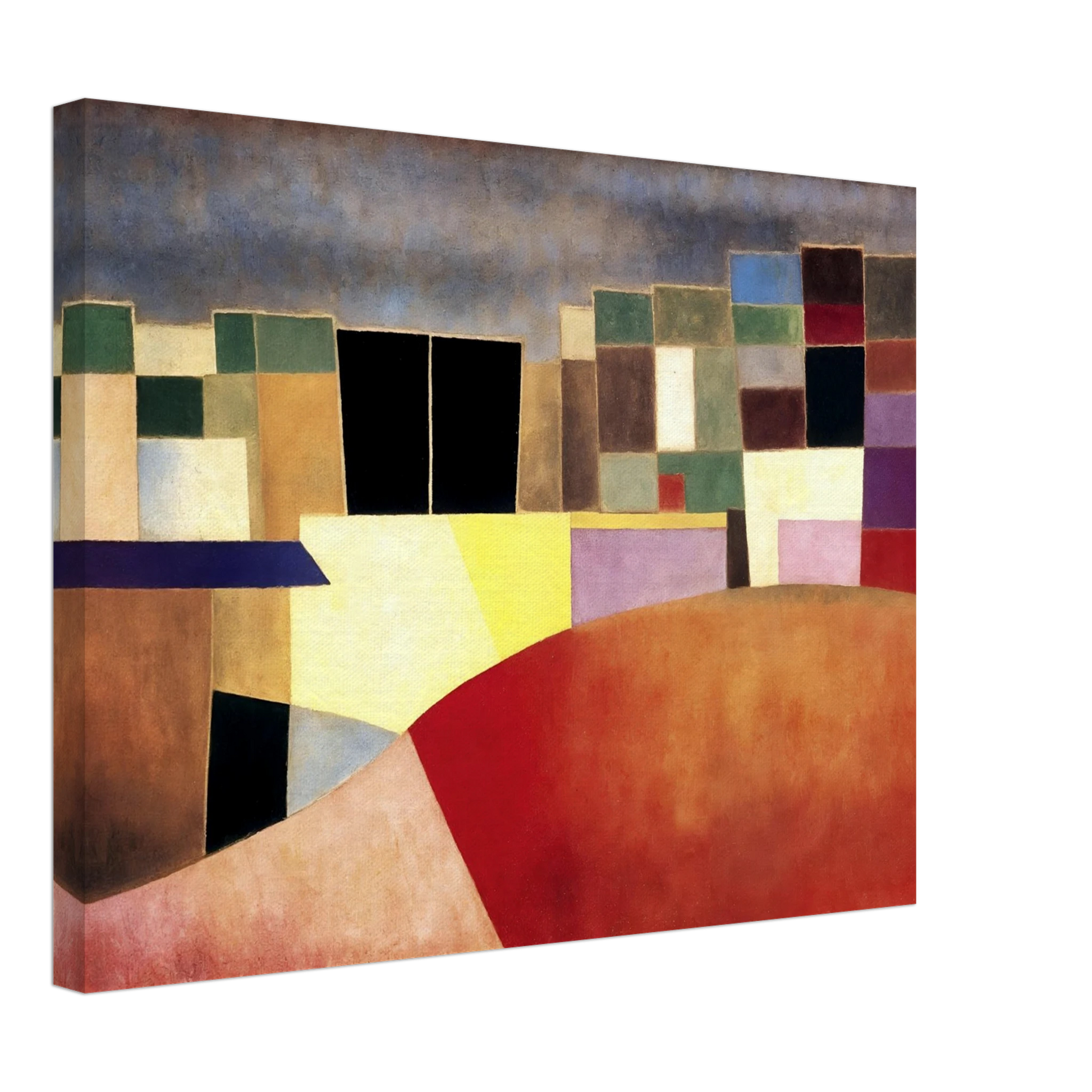 A colorful grid of geometric shapes resembling city buildings under a muted sky, glowing with warm red and yellow tones.