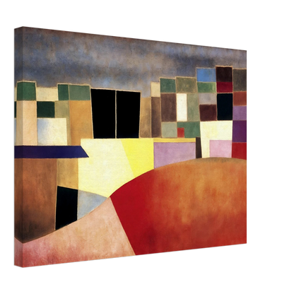 A colorful grid of geometric shapes resembling city buildings under a muted sky, glowing with warm red and yellow tones.