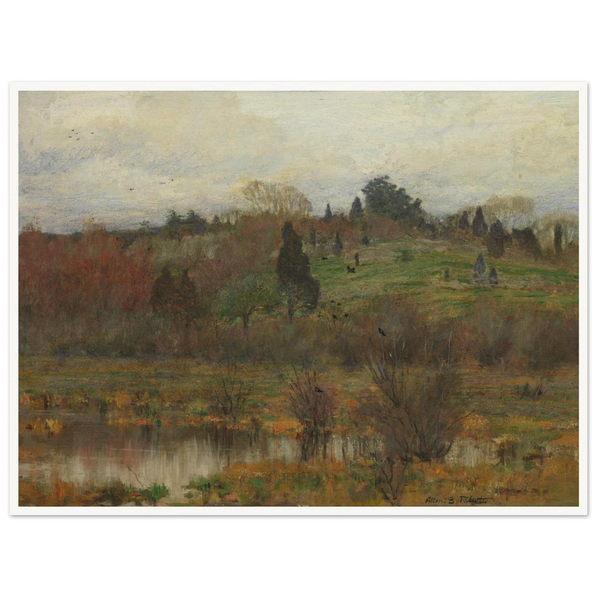 Muted marsh landscape with pond, hills, trees, and red-winged birds under a pale sky.