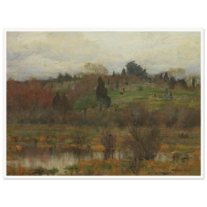 Muted marsh landscape with pond, hills, trees, and red-winged birds under a pale sky.