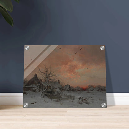 A snowy village at sunset with bare trees, birds in flight, and a pink-orange winter sky.