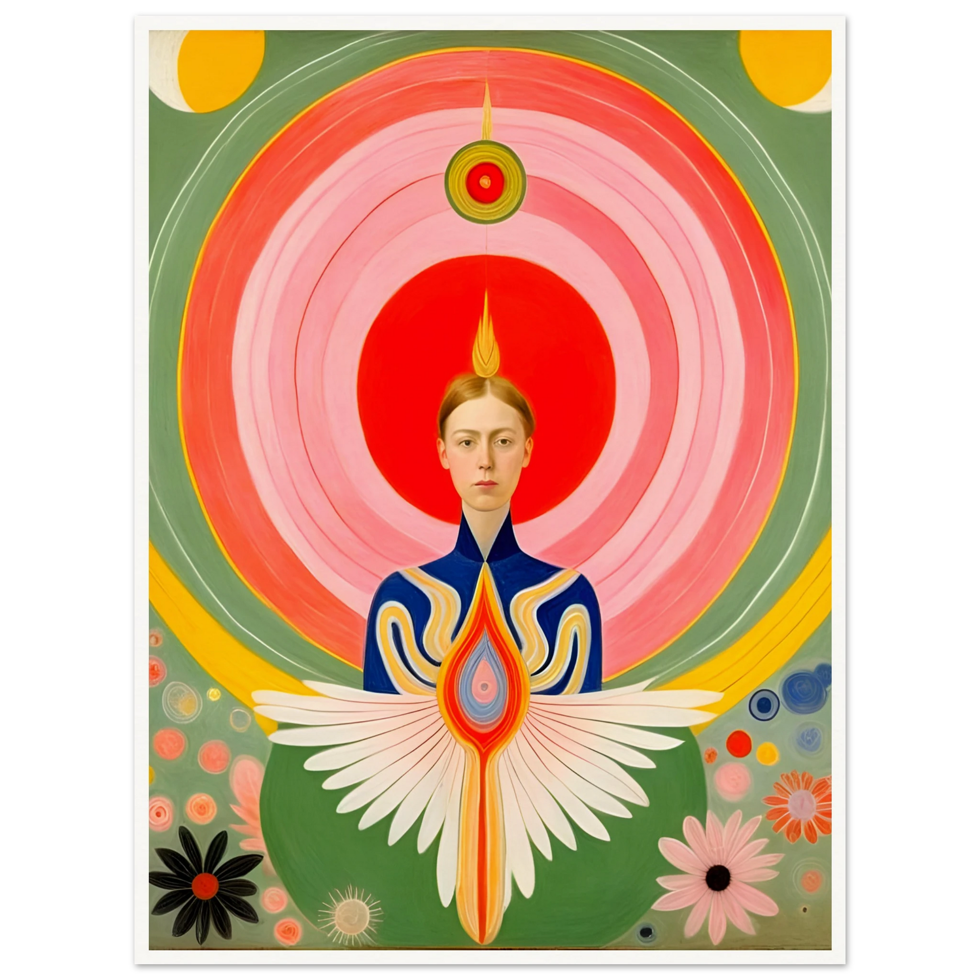 Stylized portrait of a serene woman with flaming crown, geometric wings, and concentric radiating circles in vibrant warm hues.

