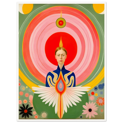 Stylized portrait of a serene woman with flaming crown, geometric wings, and concentric radiating circles in vibrant warm hues.

