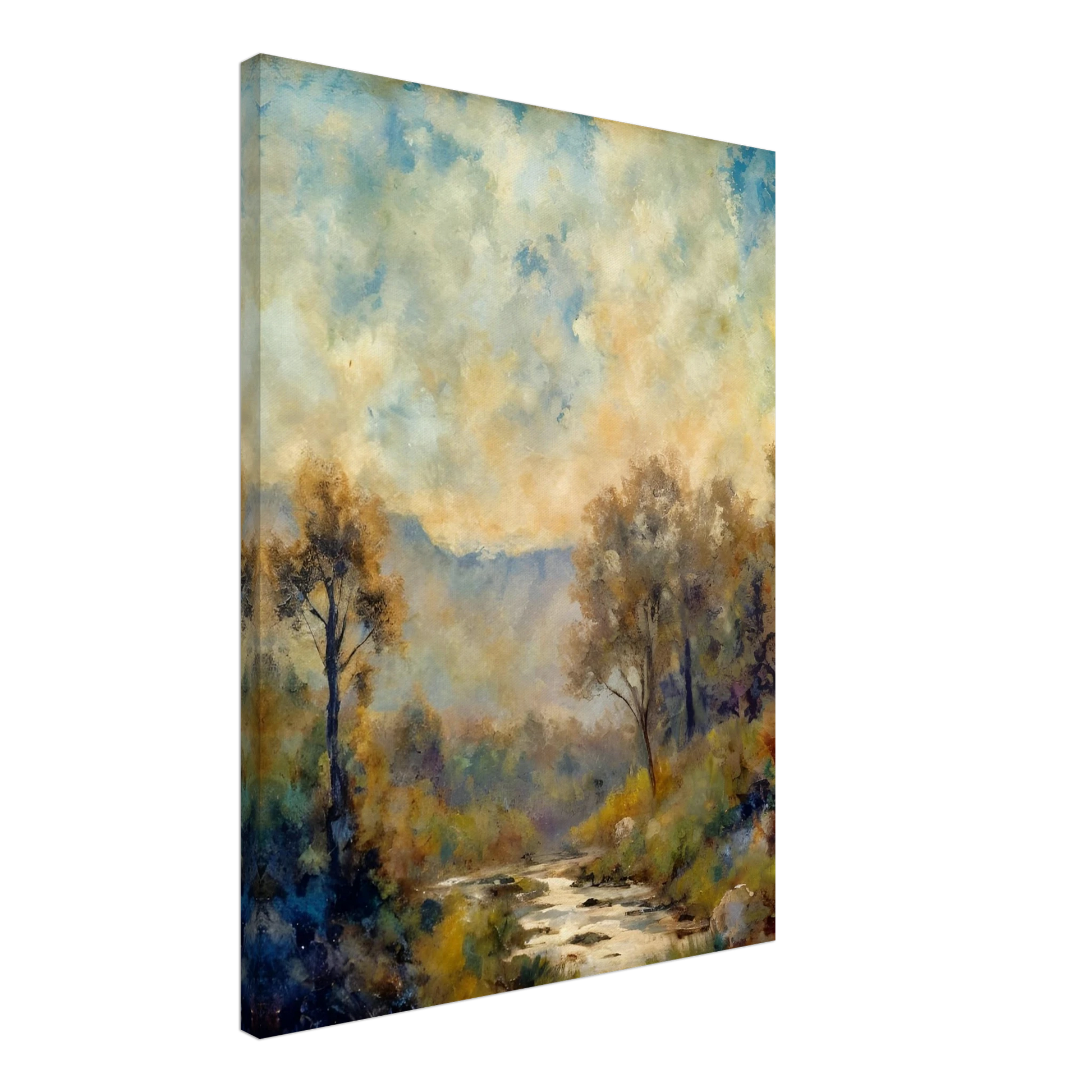 A misty river winds through a sun-dappled forest with soft blue mountains and cloudy skies in the distance.