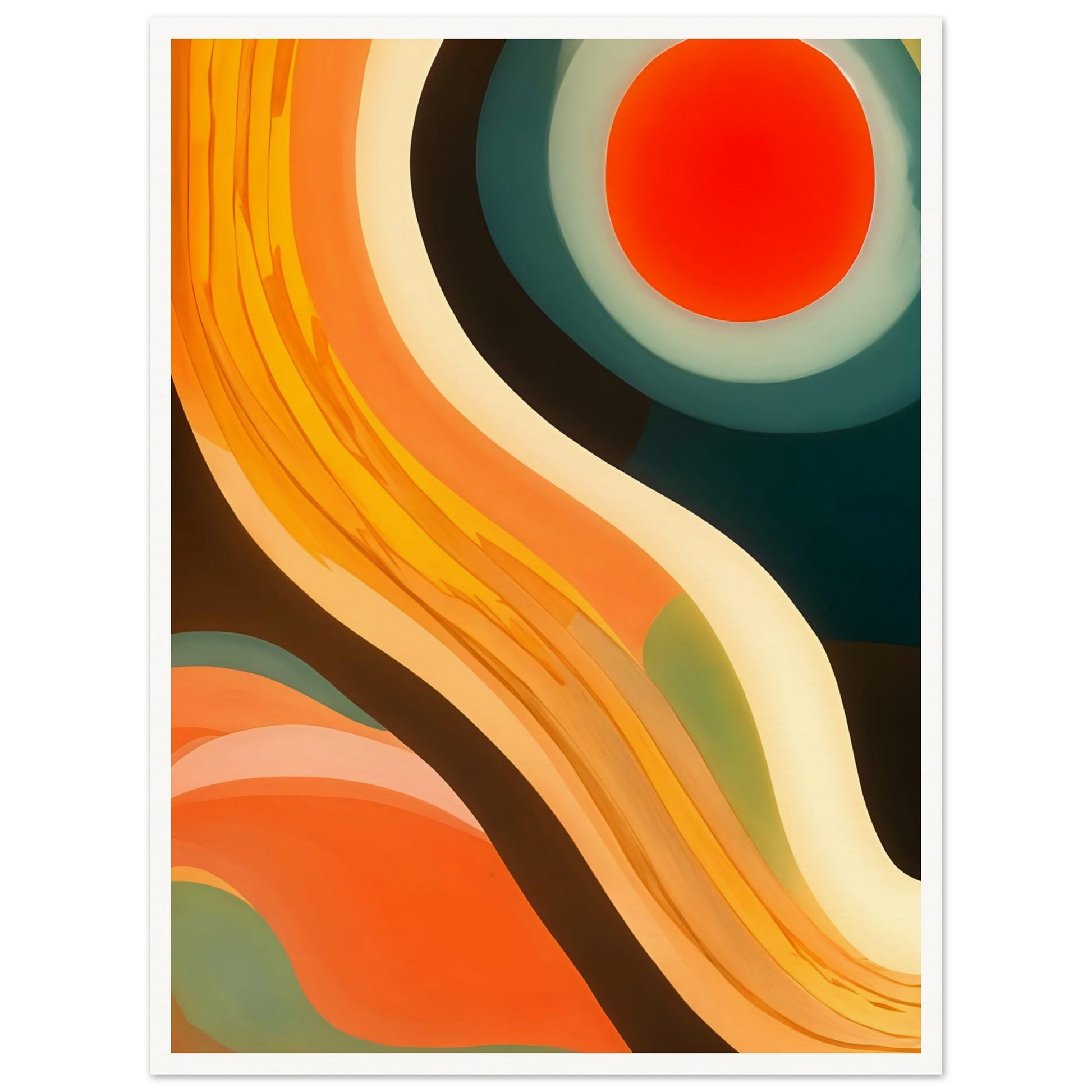 An abstract artwork featuring bold, flowing curves in shades of orange, yellow, and teal, with a vibrant red circular sun at the top.