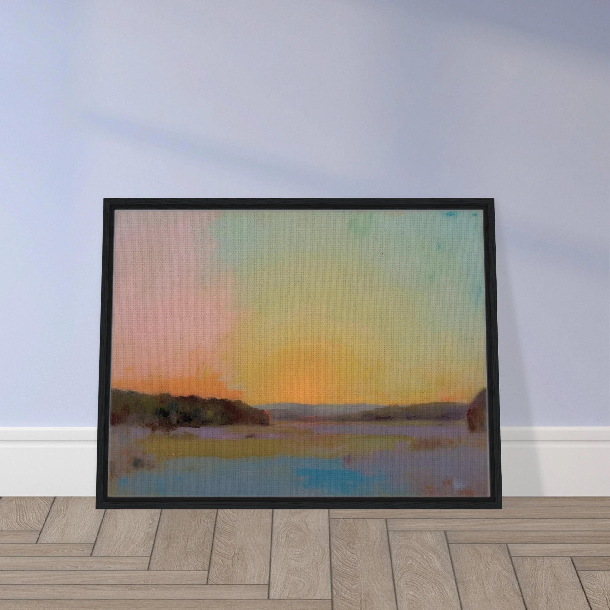 A pastel-toned sunrise casts soft pink, yellow, and blue hues over tranquil open fields bordered by distant trees.