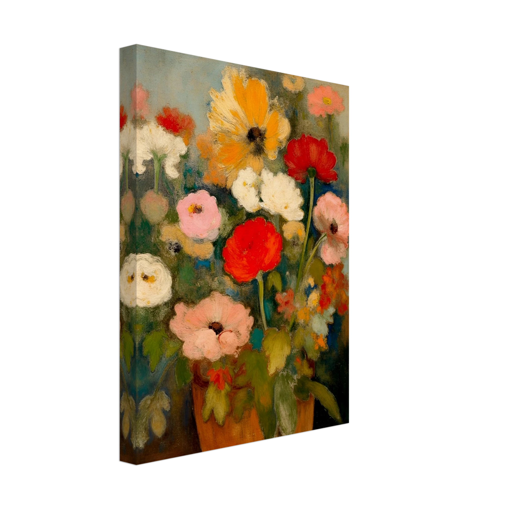 Red, pink, white, and yellow flowers rise from an earthen vase against a soft green-blue background.
