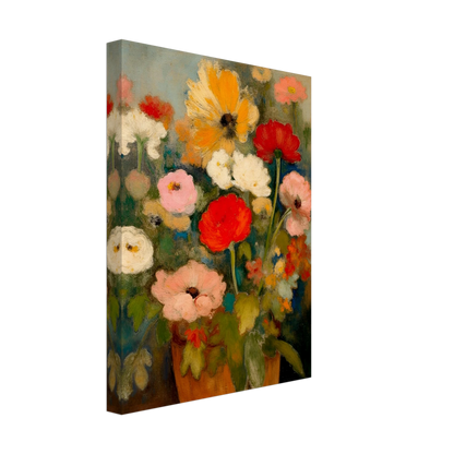 Red, pink, white, and yellow flowers rise from an earthen vase against a soft green-blue background.