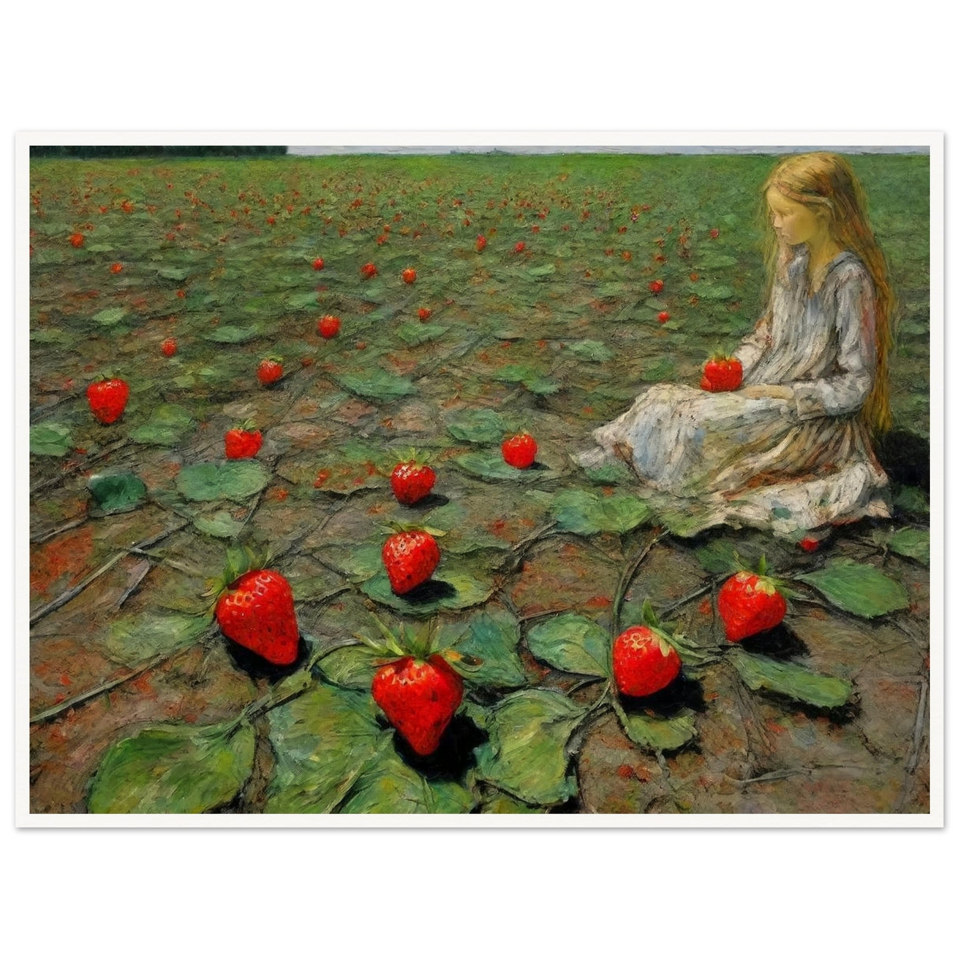 A painting of a young girl sitting in a field of large strawberries, creating a whimsical and surreal scene.