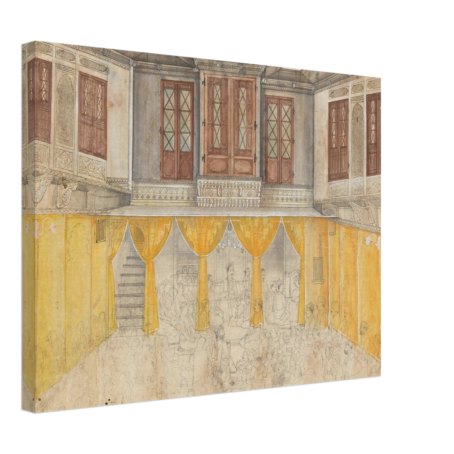 A crowded school gathering fills an ornate Indian courtyard with carved balconies and warm yellow walls.