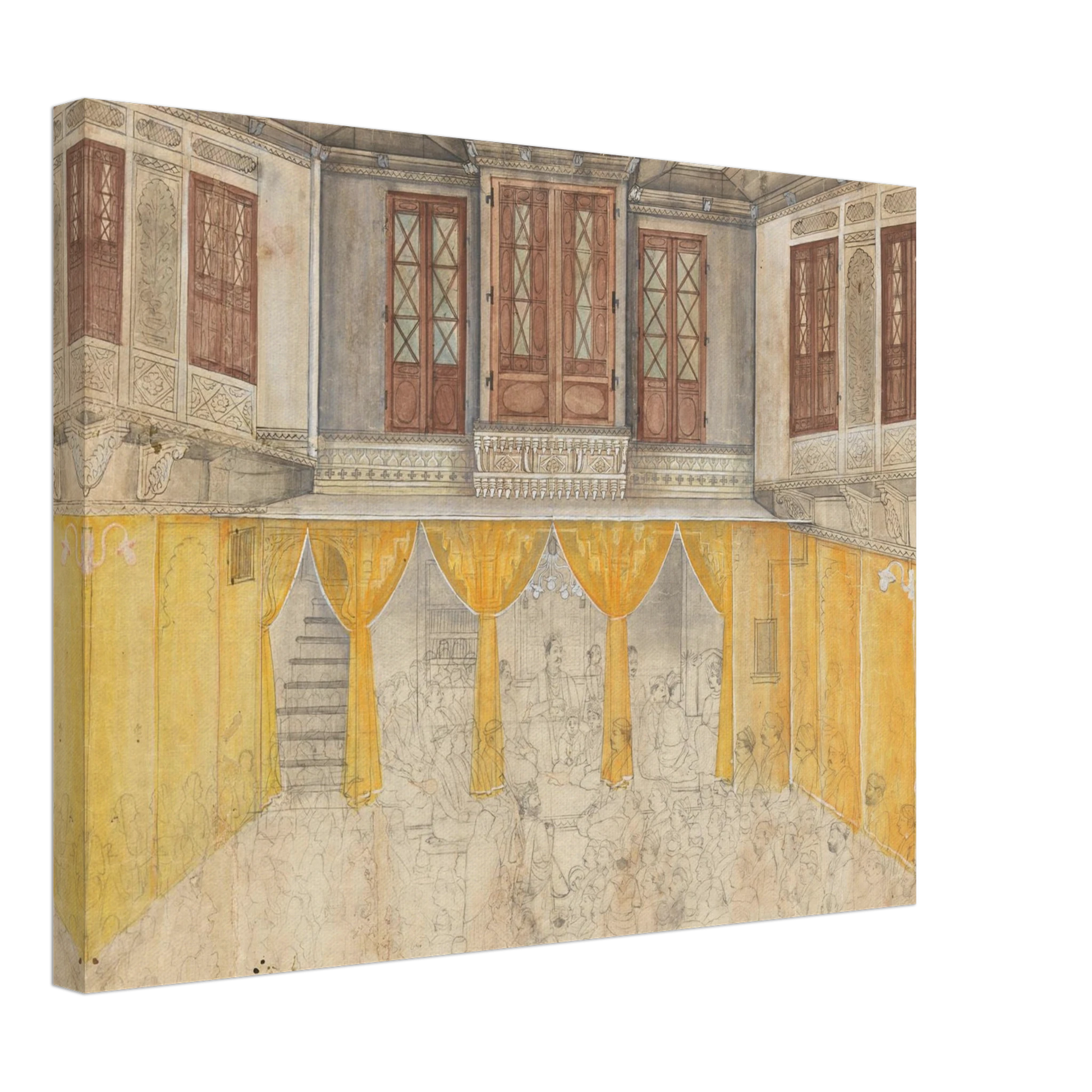 A crowded school gathering fills an ornate Indian courtyard with carved balconies and warm yellow walls.