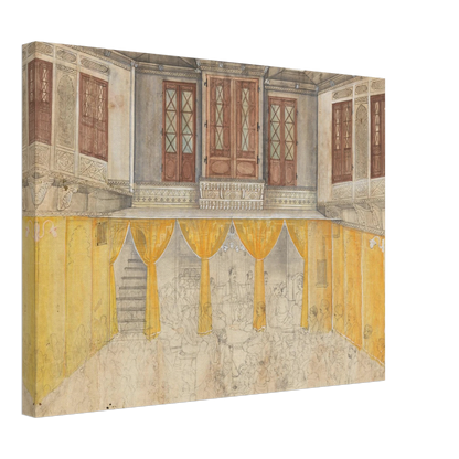 A crowded school gathering fills an ornate Indian courtyard with carved balconies and warm yellow walls.