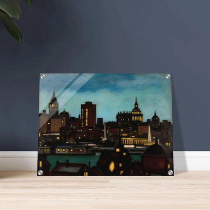 A glowing city skyline at dusk with illuminated towers, rooftops, and spires beneath a deep blue evening sky.