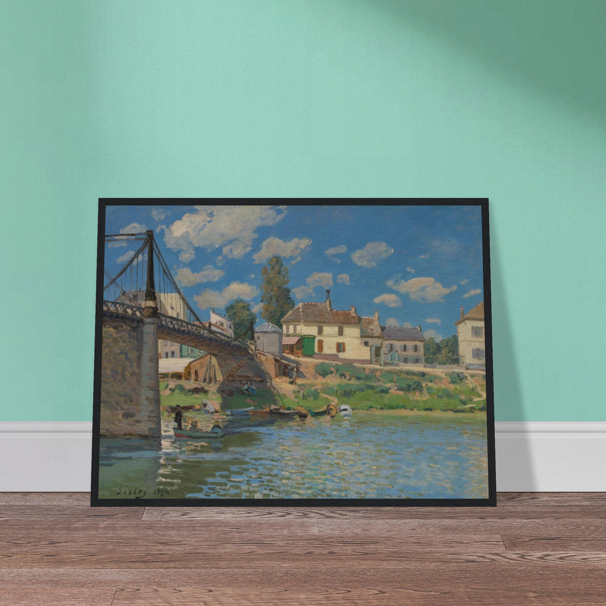 A suspension bridge, riverside houses, and small boats line the Seine under a bright blue sky.