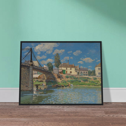 A suspension bridge, riverside houses, and small boats line the Seine under a bright blue sky.