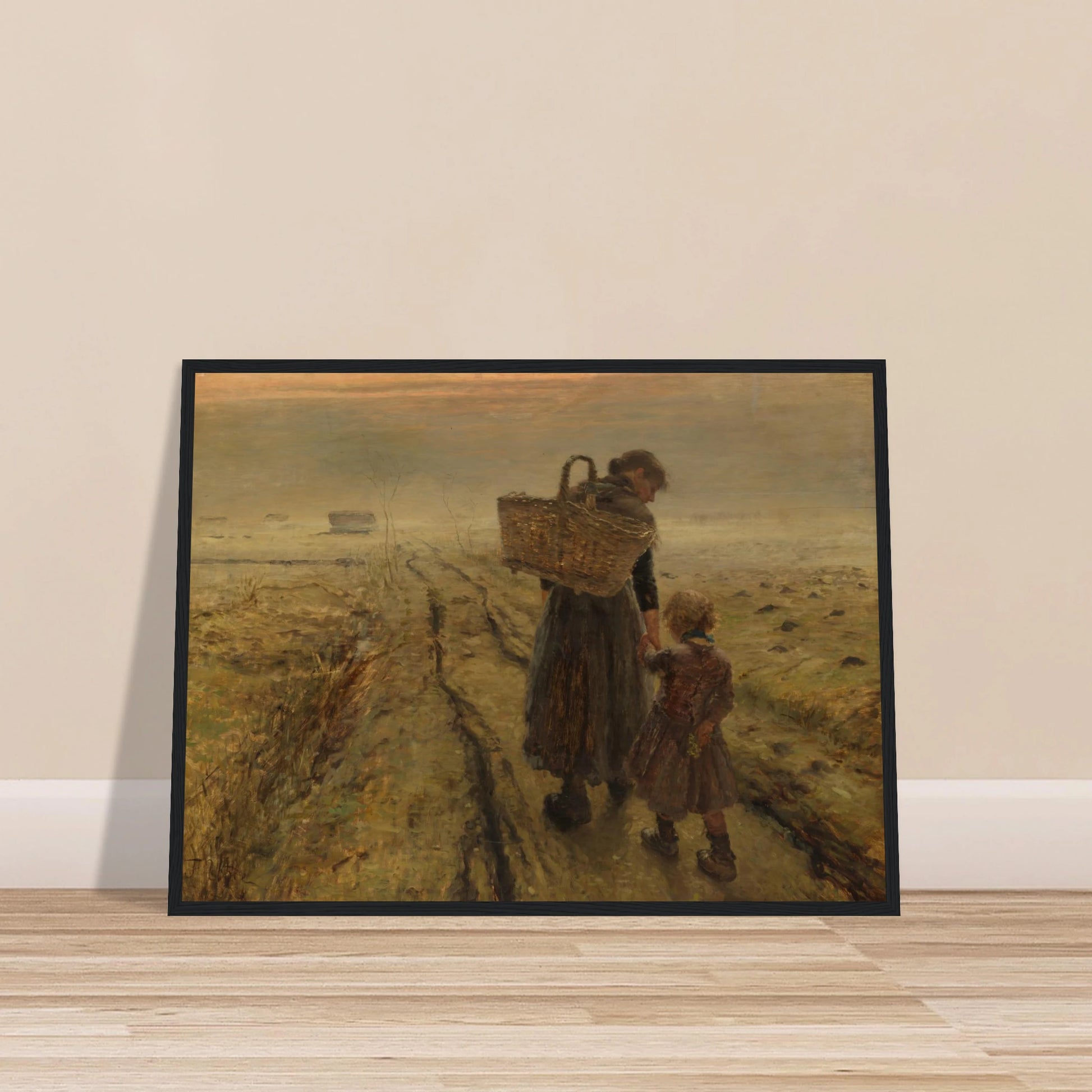 Mother and child walk a misty country path at dusk, with a woven basket and muted earth tones.
