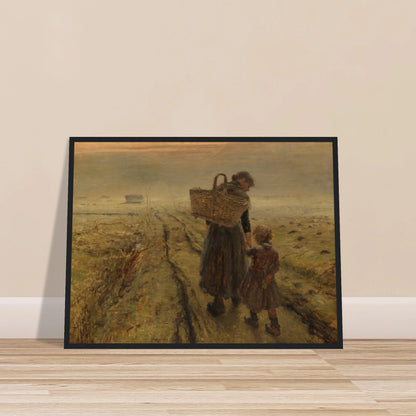 Mother and child walk a misty country path at dusk, with a woven basket and muted earth tones.