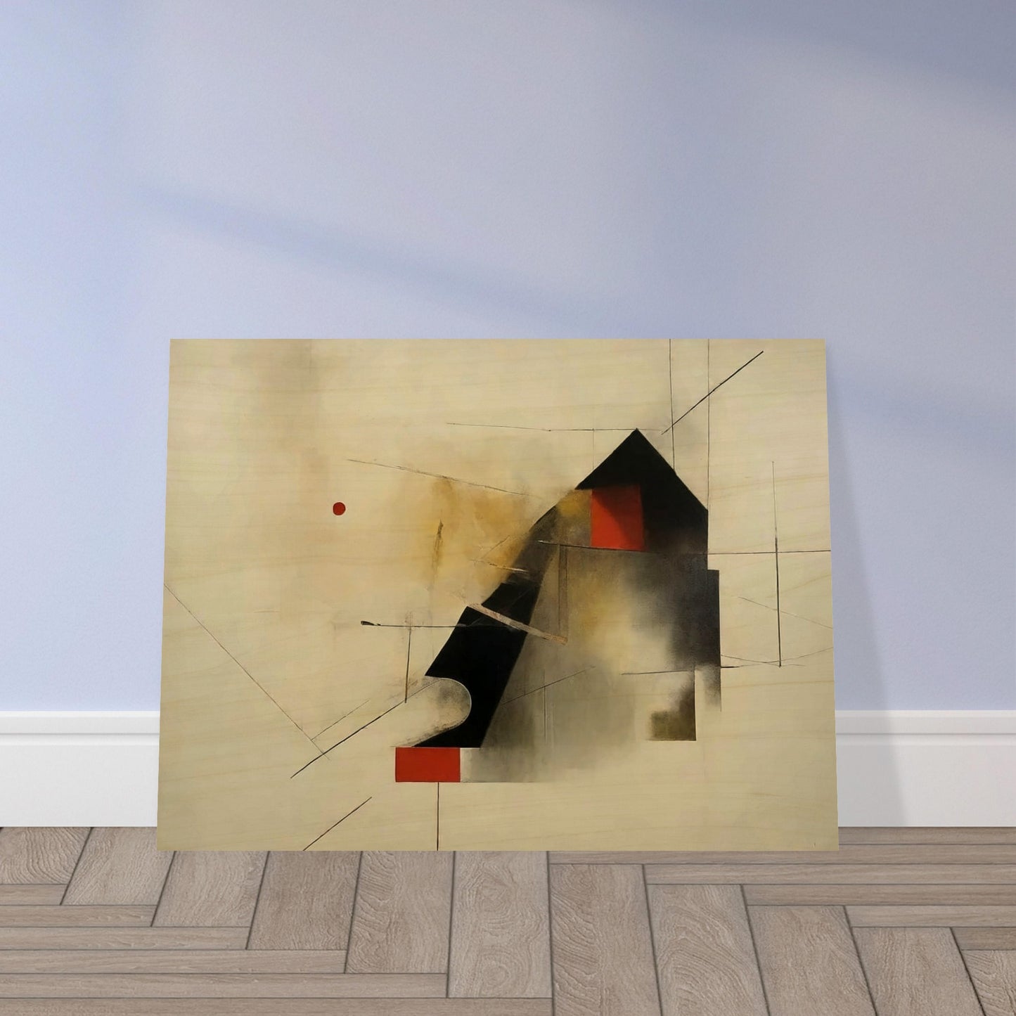 An abstract painting featuring geometric shapes and lines on a light background. A prominent black triangular shape is juxtaposed with red and white rectangles, and thin lines intersect across the canvas, creating a sense of movement and depth.