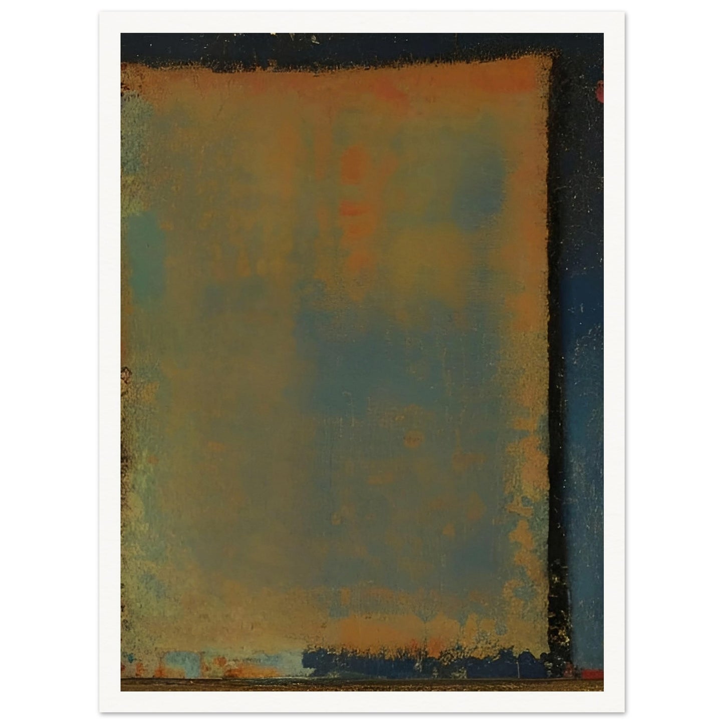 A serene abstract painting with shades of blue, orange, and yellow blending softly together in a rectangular form.