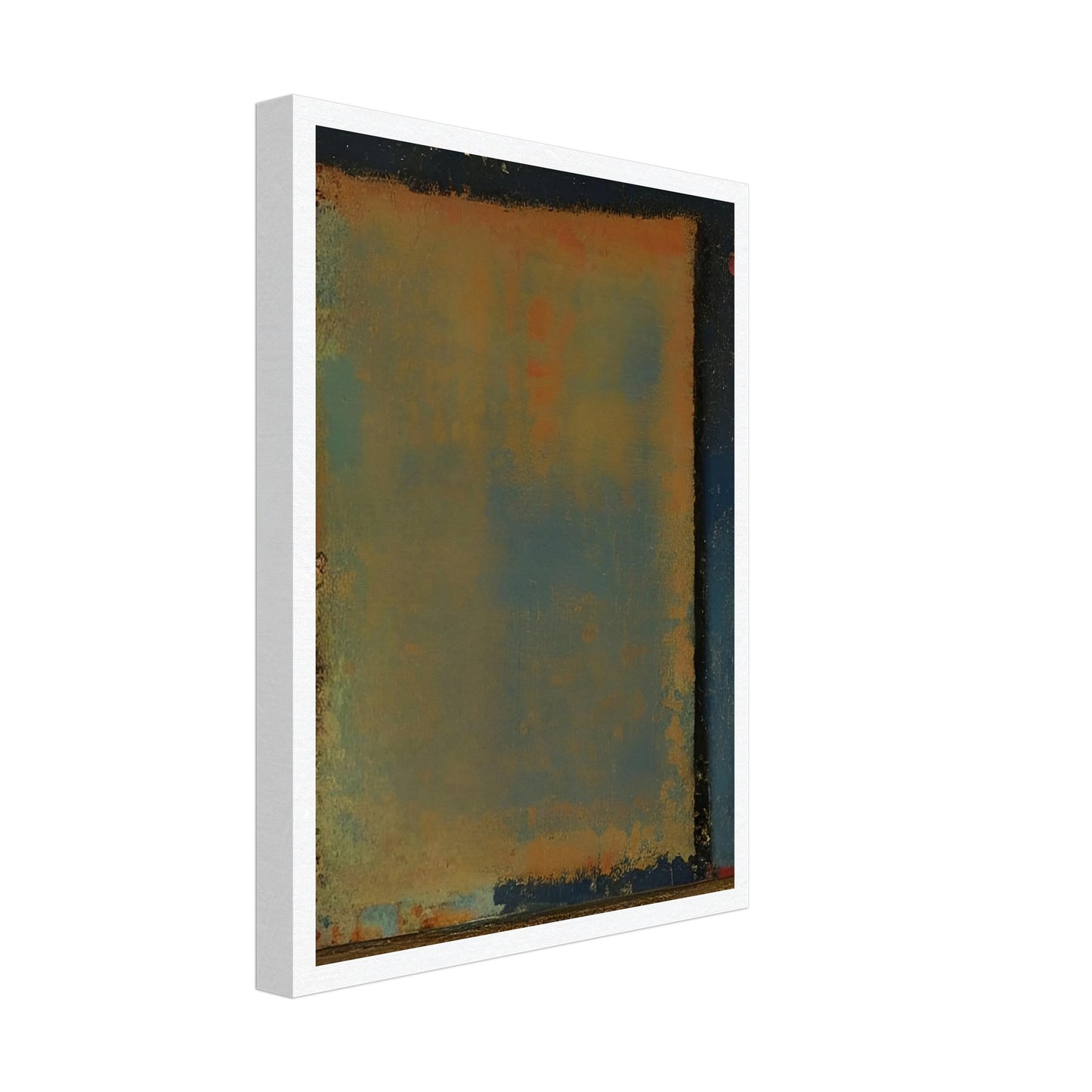 A serene abstract painting with shades of blue, orange, and yellow blending softly together in a rectangular form.