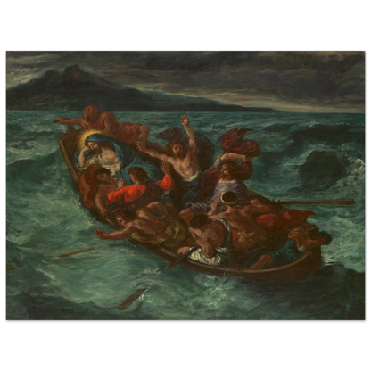 Christ sleeps in a crowded boat as terrified disciples struggle through a violent storm on a dark, churning sea.