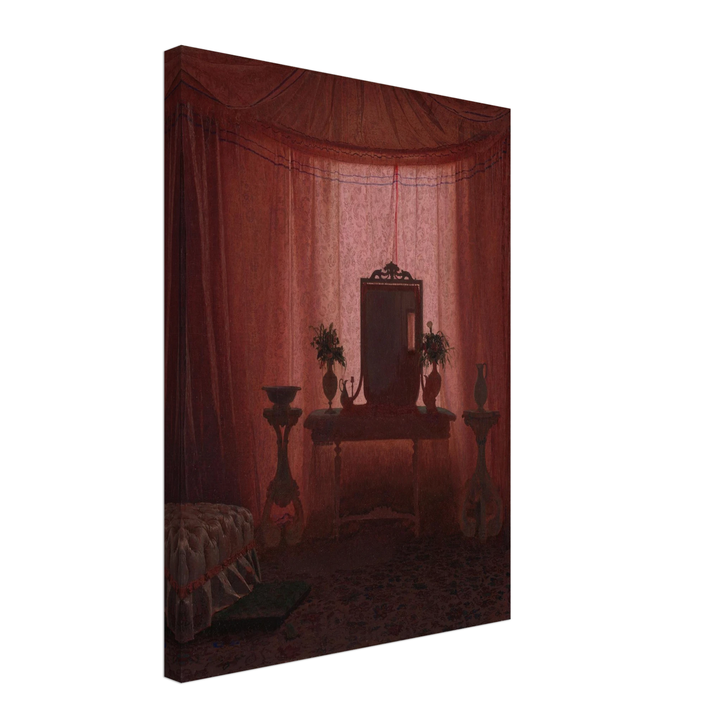 A softly lit bedroom glows through pink drapery, framing a mirror, flower vases, elegant furniture, and part of a bed.