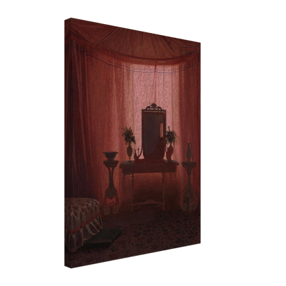 A softly lit bedroom glows through pink drapery, framing a mirror, flower vases, elegant furniture, and part of a bed.
