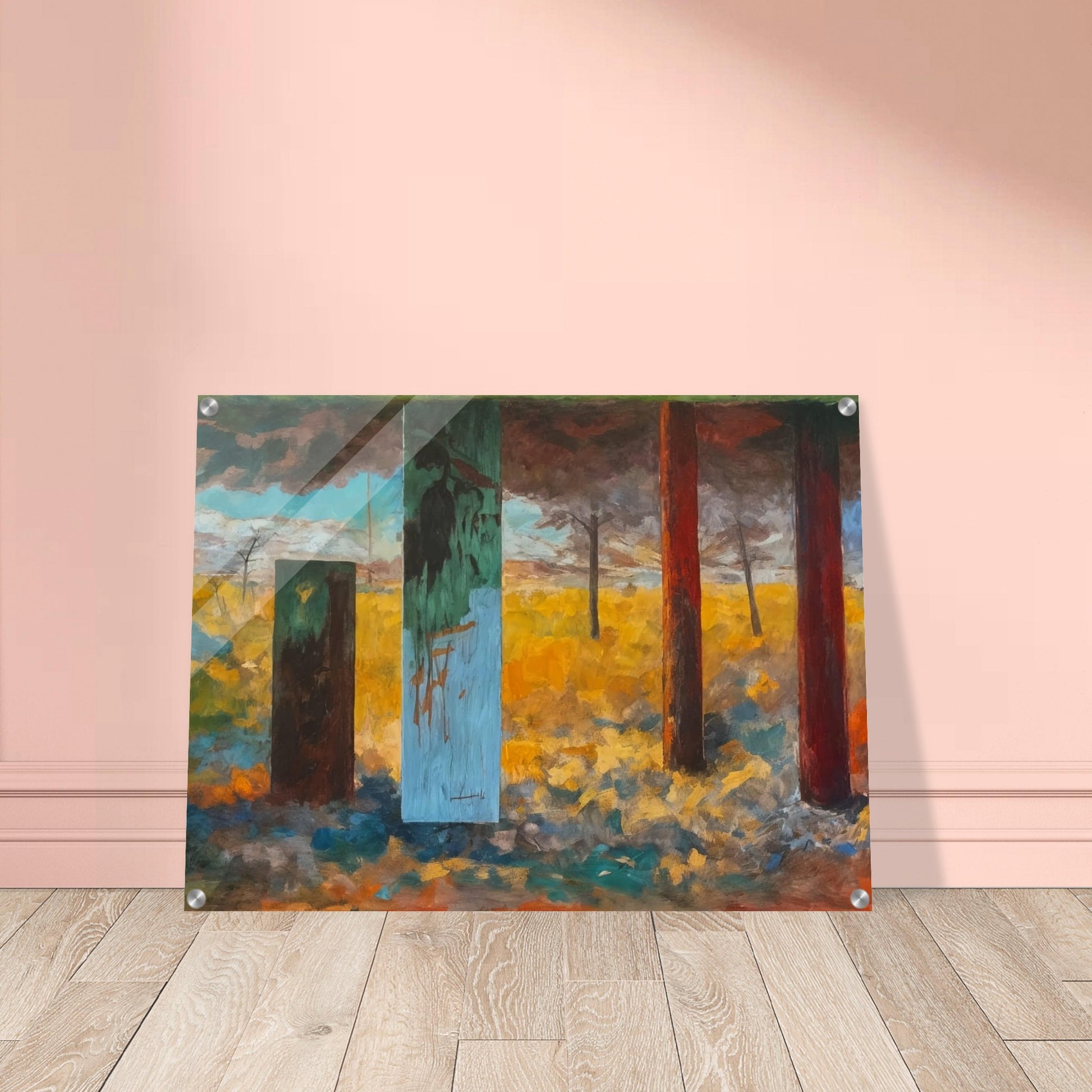 An abstract landscape painting featuring colorful vertical pillars against a backdrop of a vibrant field and dramatic sky.