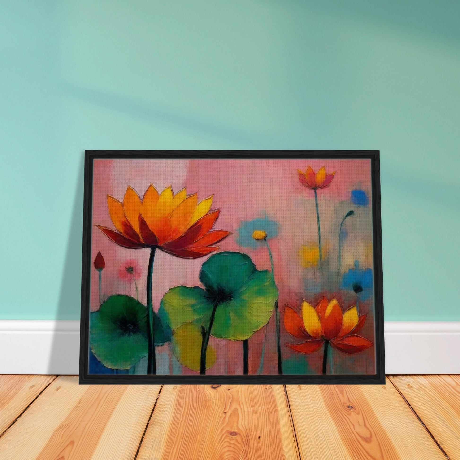 Colorful painting of blooming lotus flowers with vivid orange, red, and green hues against a soft pink and blue background.