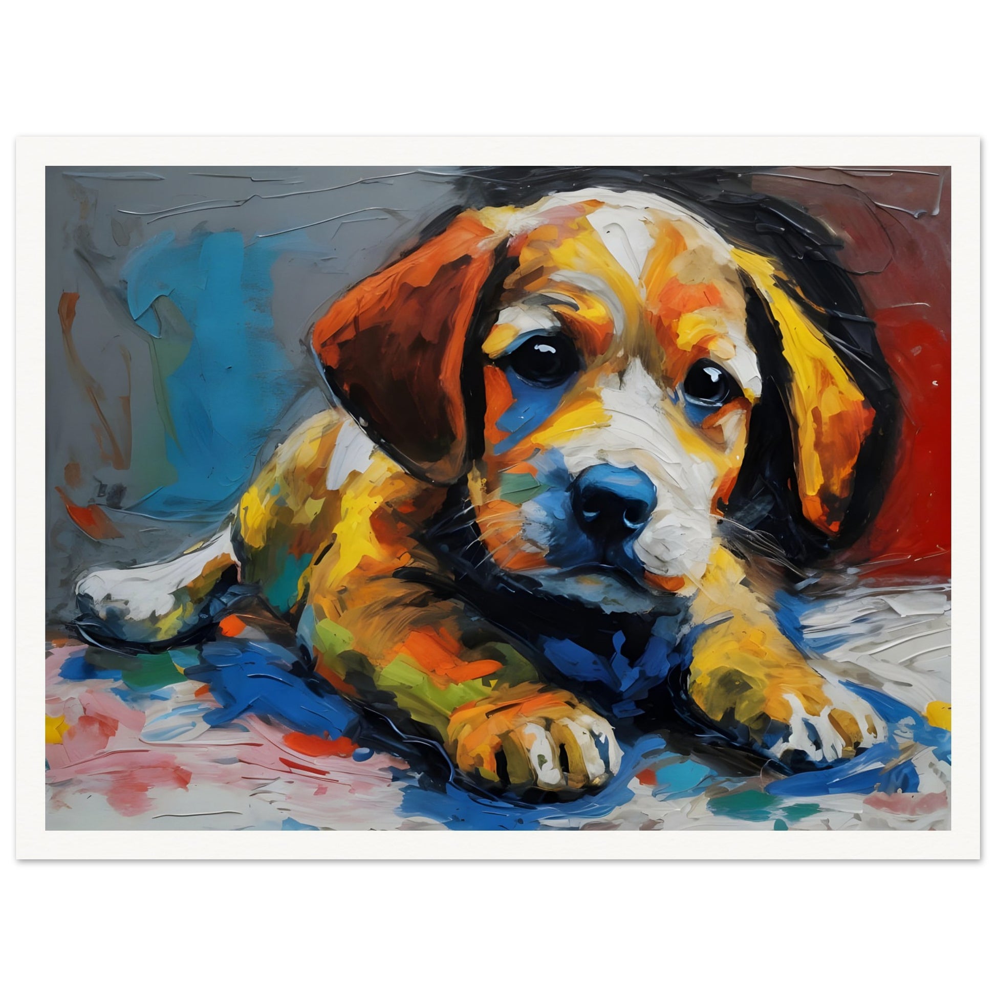 A vibrant and expressive painting of a puppy with warm orange, yellow, and blue tones, capturing its soulful eyes and soft fur.