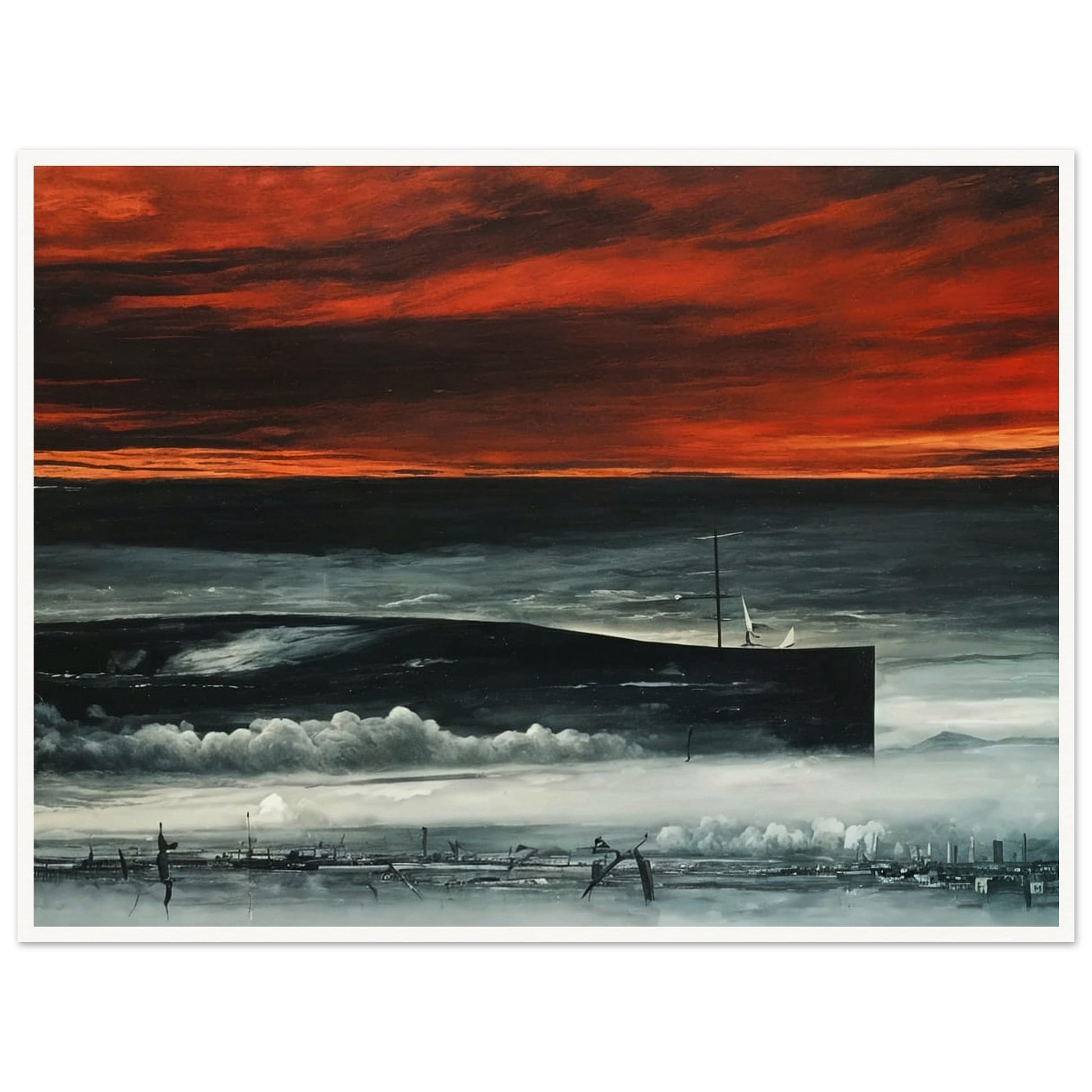 A dark, dystopian landscape painting featuring a dramatic red sky and shadowy structures, evoking a sense of mystery and foreboding.