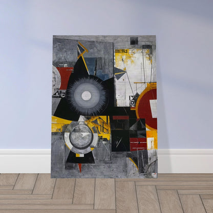 An abstract painting featuring geometric shapes, circles, and lines in a dynamic composition with a mix of gray, black, red, and yellow hues.