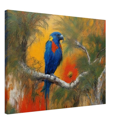 "A vibrant painting of a parrot with blue, red, and yellow feathers perched on a branch, set against a lush, tropical backdrop with rich orange and green hues."