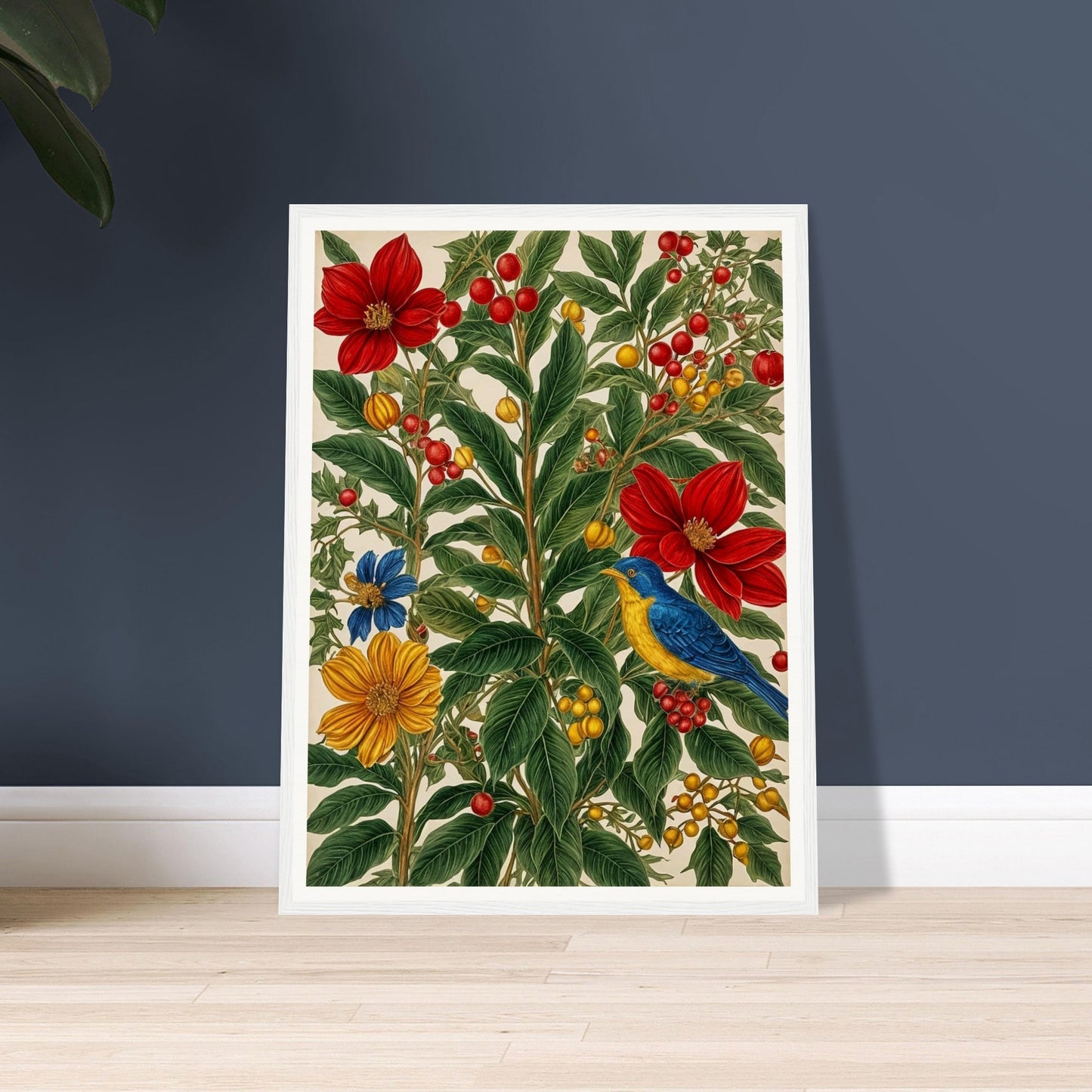 A vibrant scene with red, yellow, and blue flowers intertwined with rich green leaves and berries, featuring a blue and yellow bird perched on a branch.