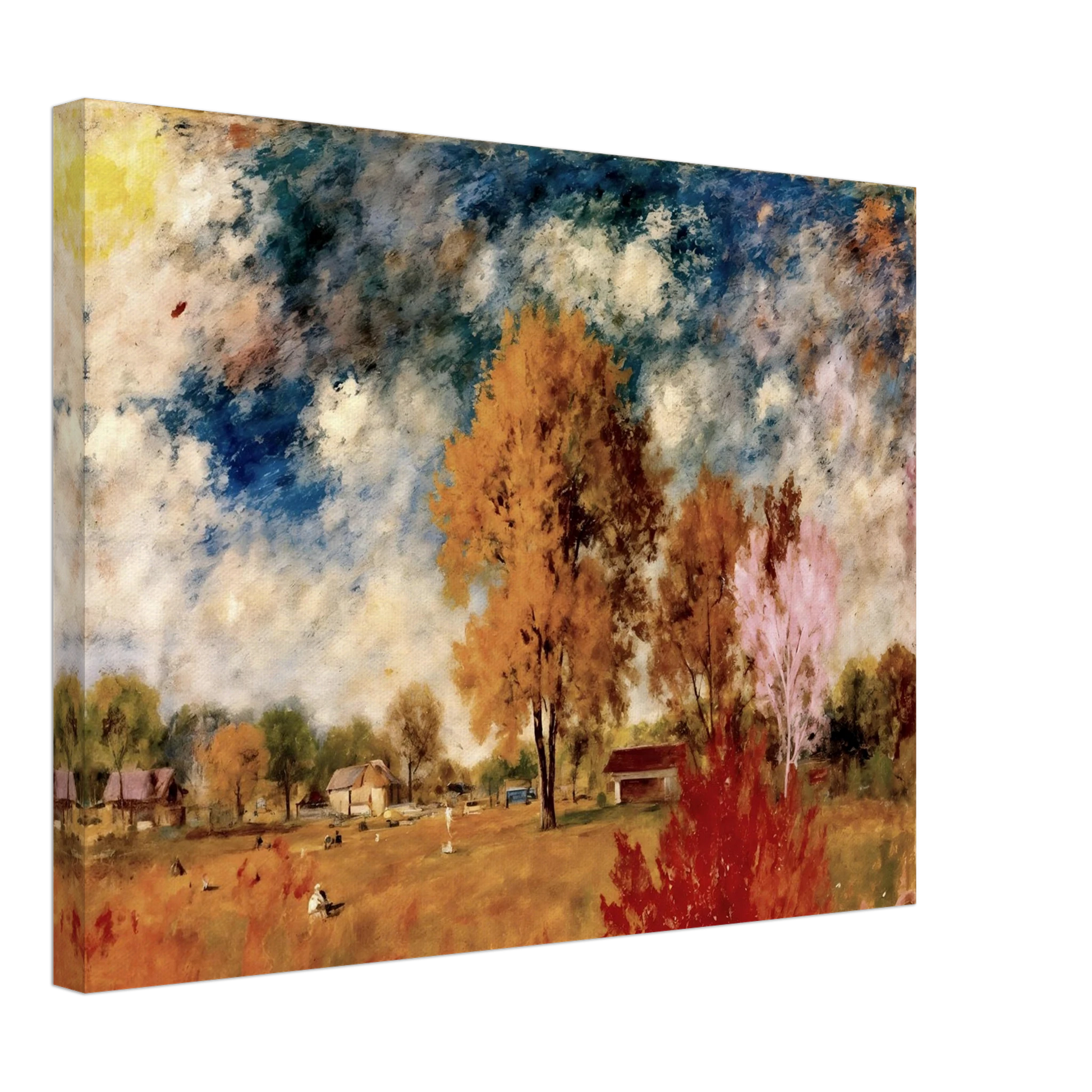 A pastoral countryside scene with autumn trees, rustic homes, golden fields, and dramatic blue skies painted in soft textured strokes.