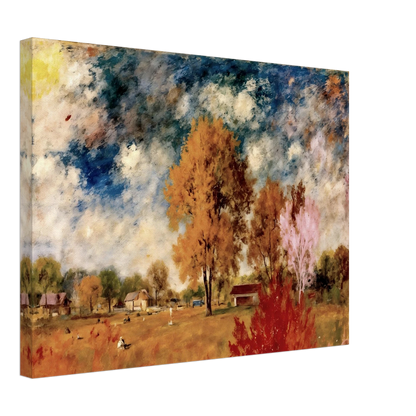 A pastoral countryside scene with autumn trees, rustic homes, golden fields, and dramatic blue skies painted in soft textured strokes.