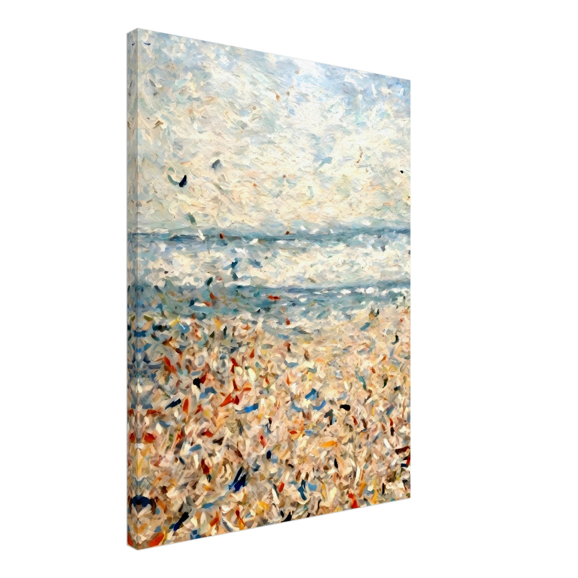 An impressionistic seascape with soft blues, whites, and sandy tones, depicting a sunlit beach with shimmering water and scattered colors.