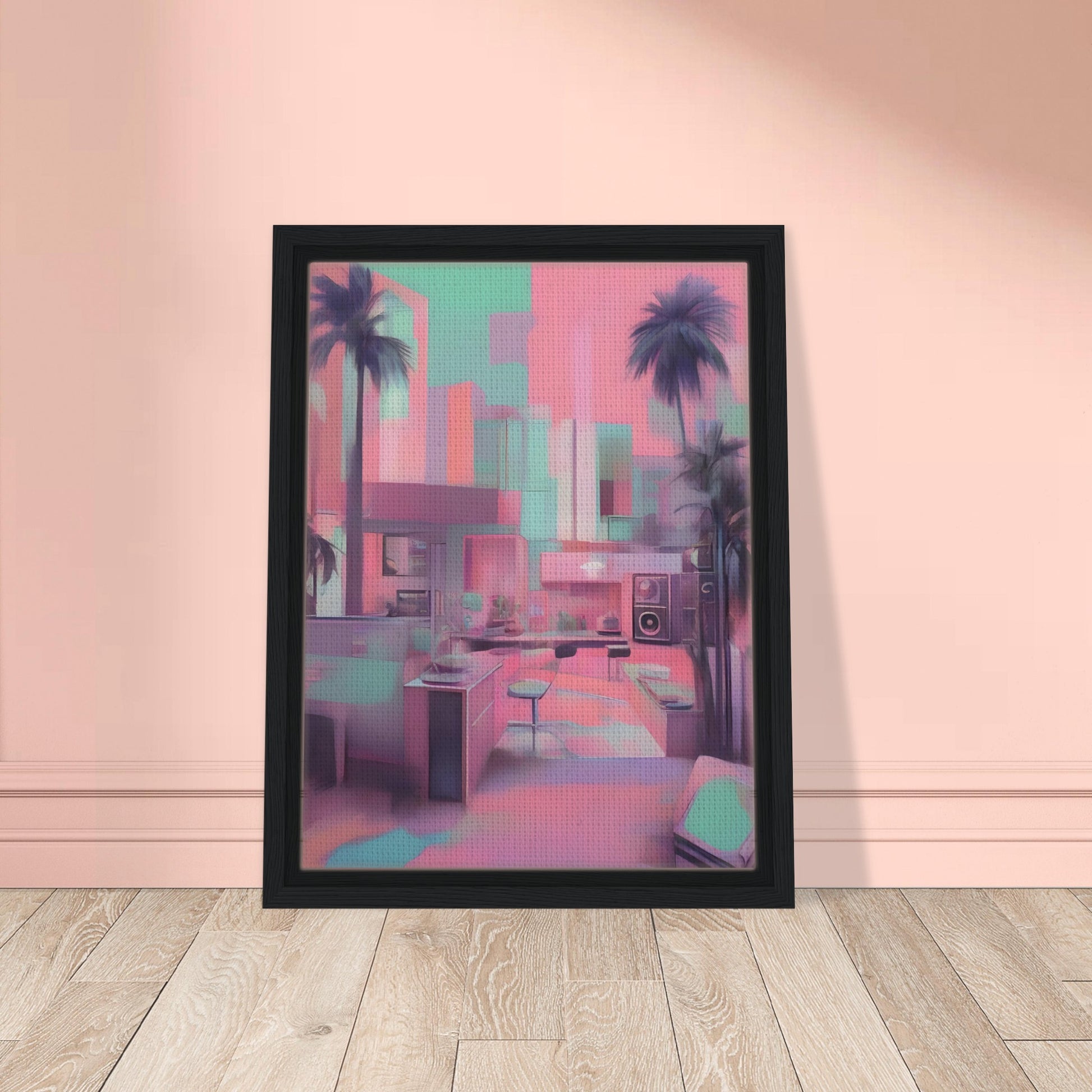 A pastel-toned interior with palm trees and modern furniture, blending dreamy pink, teal, and purple hues in a surreal cityscape.