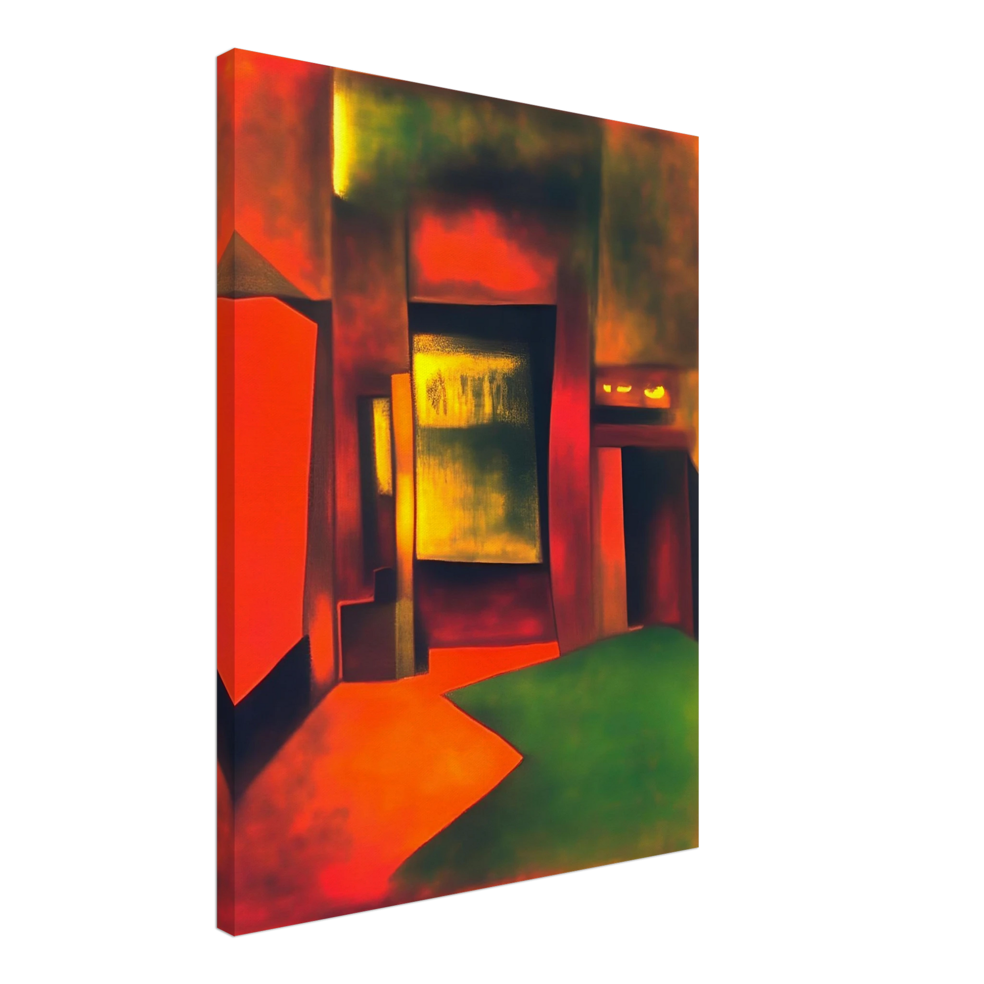 An interior-like scene bathed in glowing red, gold, and green light, forming bold shapes that evoke mystery and warmth.