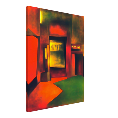 An interior-like scene bathed in glowing red, gold, and green light, forming bold shapes that evoke mystery and warmth.