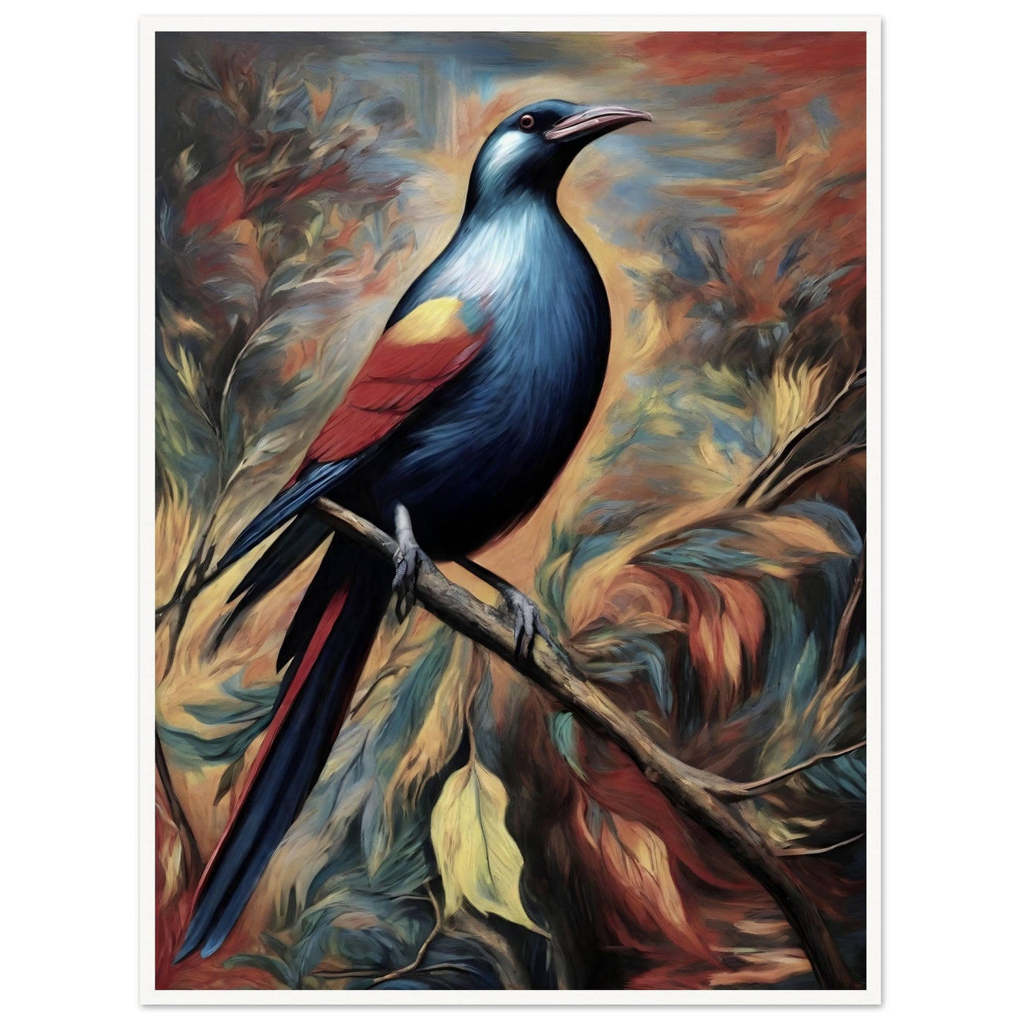 A vibrant painting of a bird with shimmering blue, red, and yellow feathers perched on a branch, set against a dramatic swirling background of autumn tones.