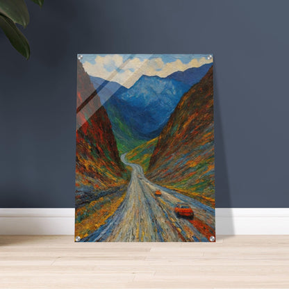 A vivid painting depicting a winding road through a colorful, mountainous landscape with two orange cars traveling along it.