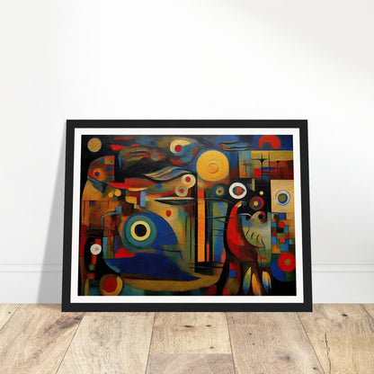 A vibrant abstract painting featuring geometric shapes, bold colors, and dynamic patterns creating a visual symphony.