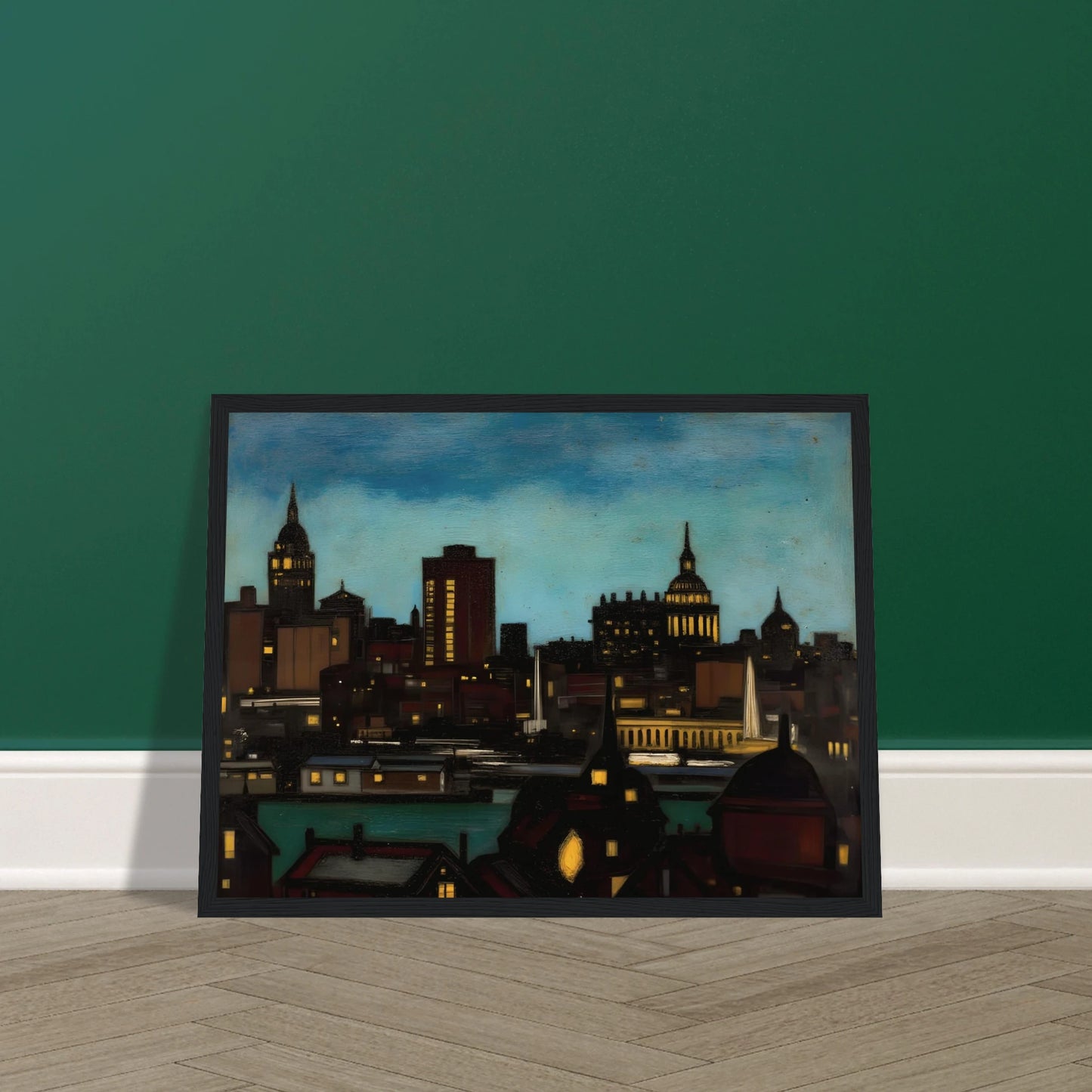 A glowing city skyline at dusk with illuminated towers, rooftops, and spires beneath a deep blue evening sky.
