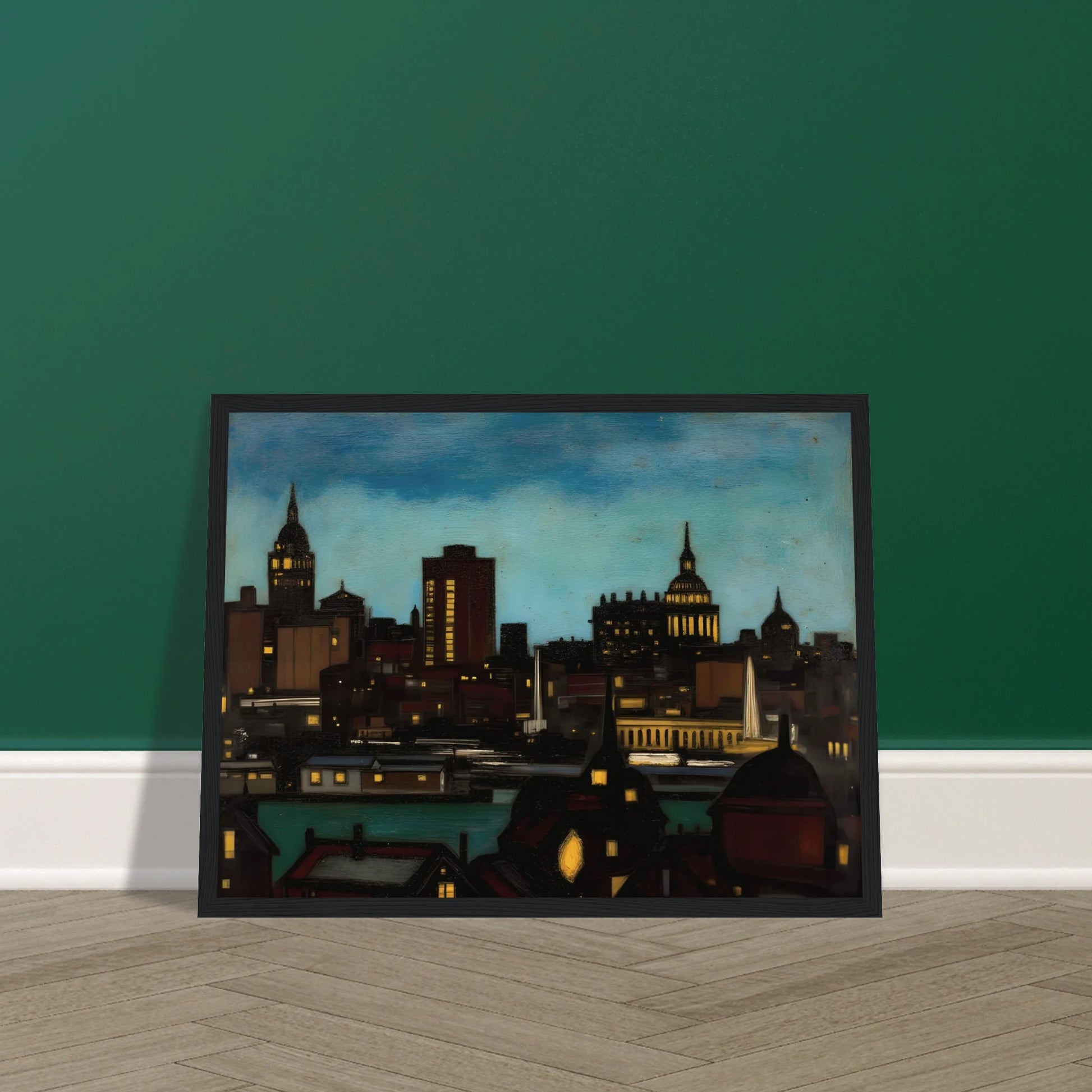 A glowing city skyline at dusk with illuminated towers, rooftops, and spires beneath a deep blue evening sky.