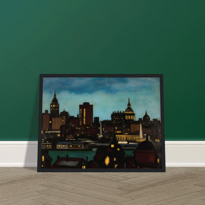 A glowing city skyline at dusk with illuminated towers, rooftops, and spires beneath a deep blue evening sky.